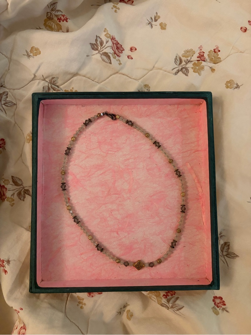 Handmade - Gold, White, and Grey Beaded Necklace.
